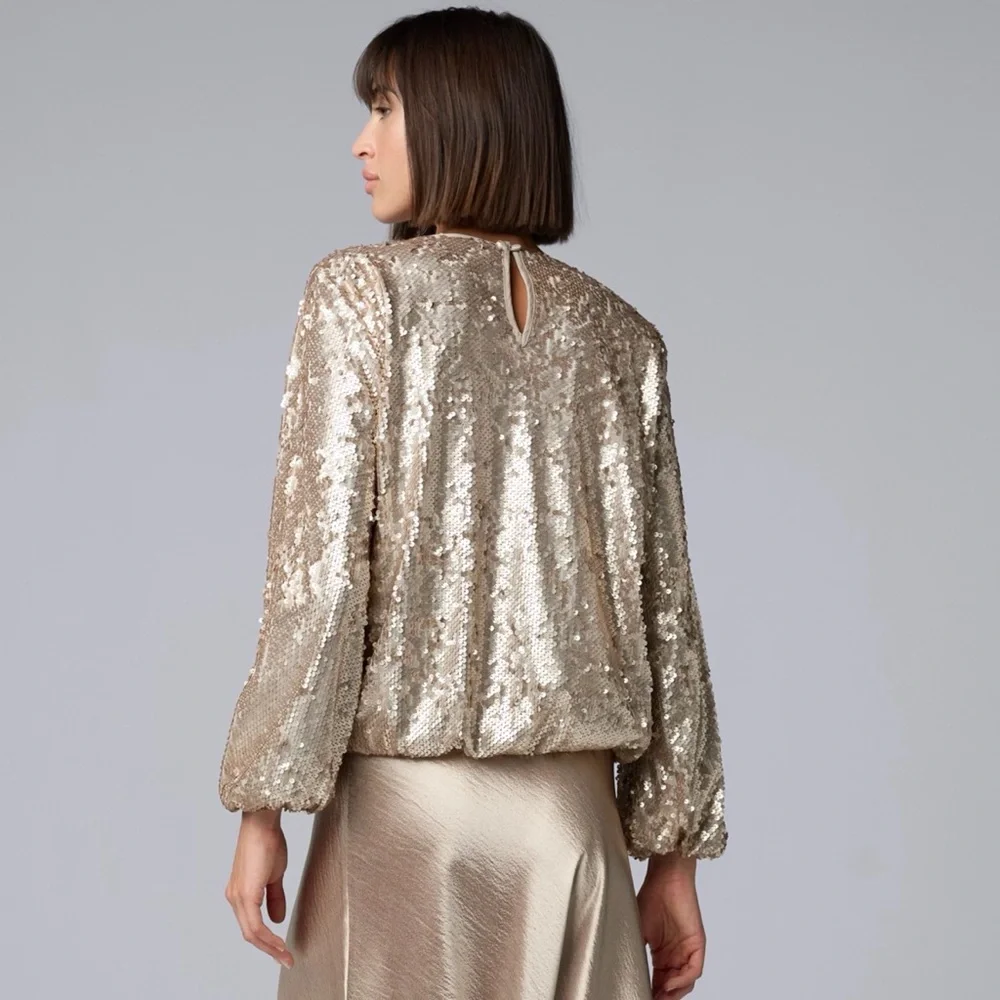 Simply Vera Vera Wang Gold Sequin Blouse Balloon Sleeve Party Top Size Medium - Picture 2 of 12